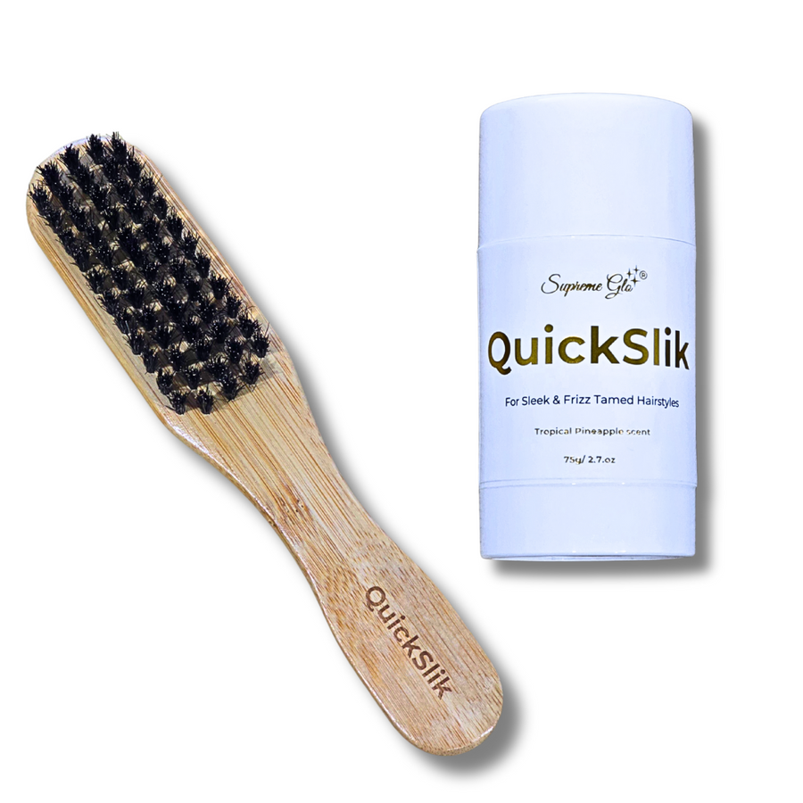 Wooden hairbrush and 'Quickslick' product on a white background